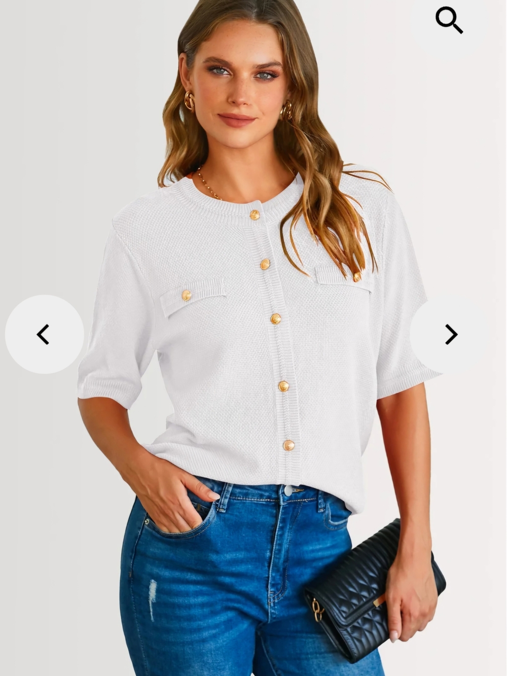 White Short-Sleeve Knit Button Cardigan with Gold Buttons